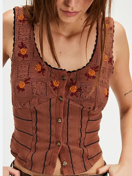 Free People Tops - Free People Embroidered Rose Bud Knit Tank in Rust Brown